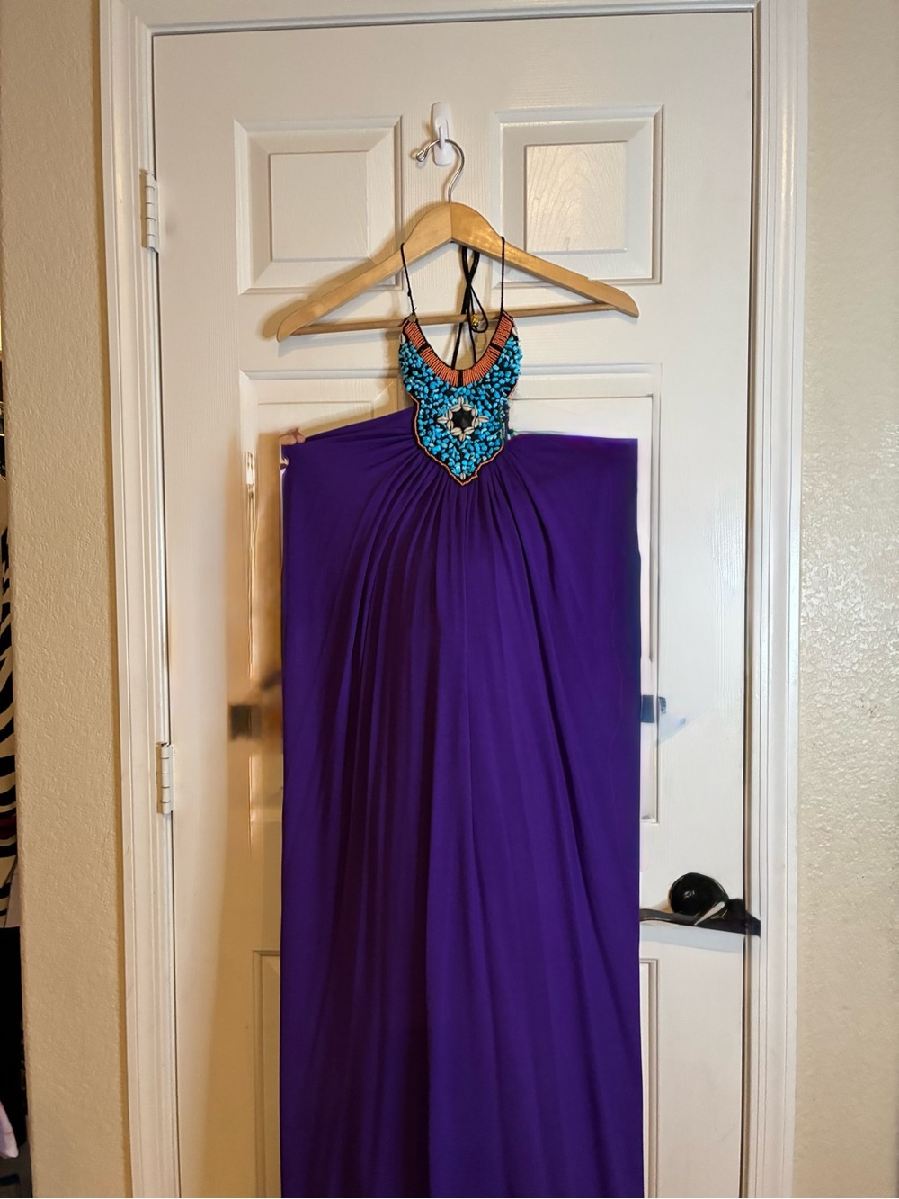 T-Bags Purple Maxi Dress with Turquoise Beaded Halter